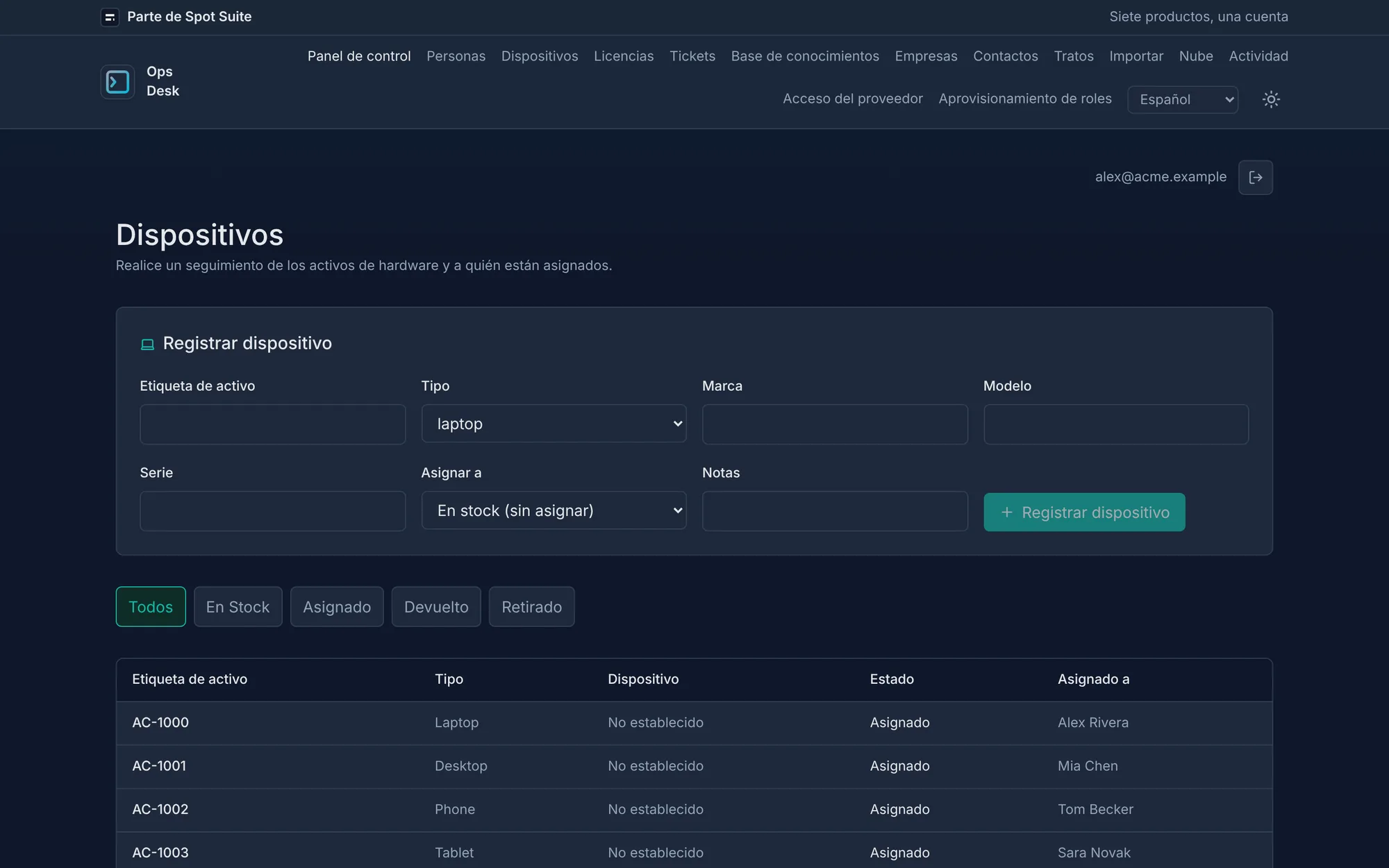 Pantalla de dispositivos de OpsDesk