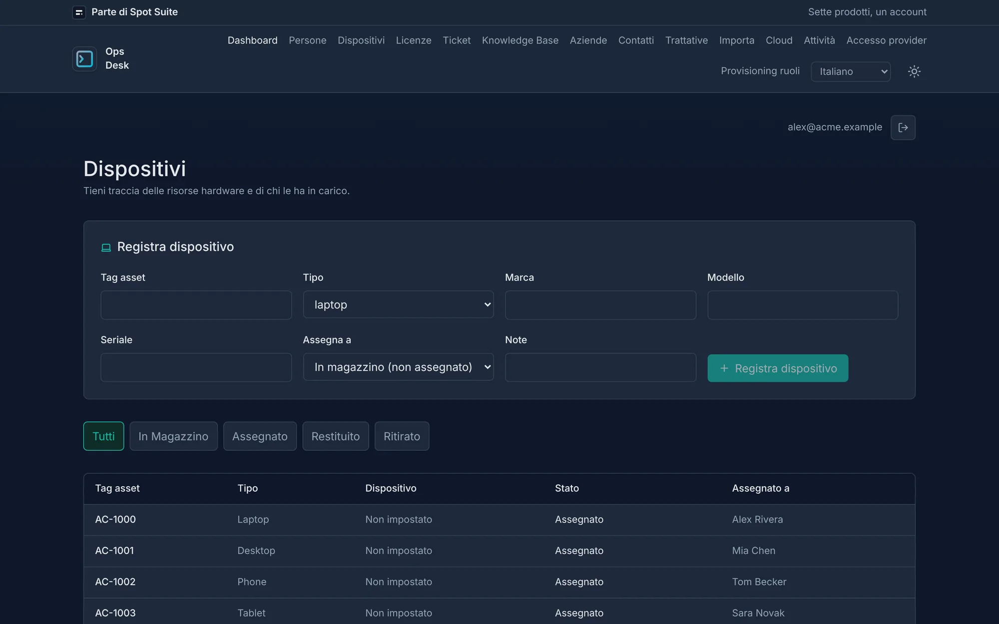 Schermata dispositivi OpsDesk