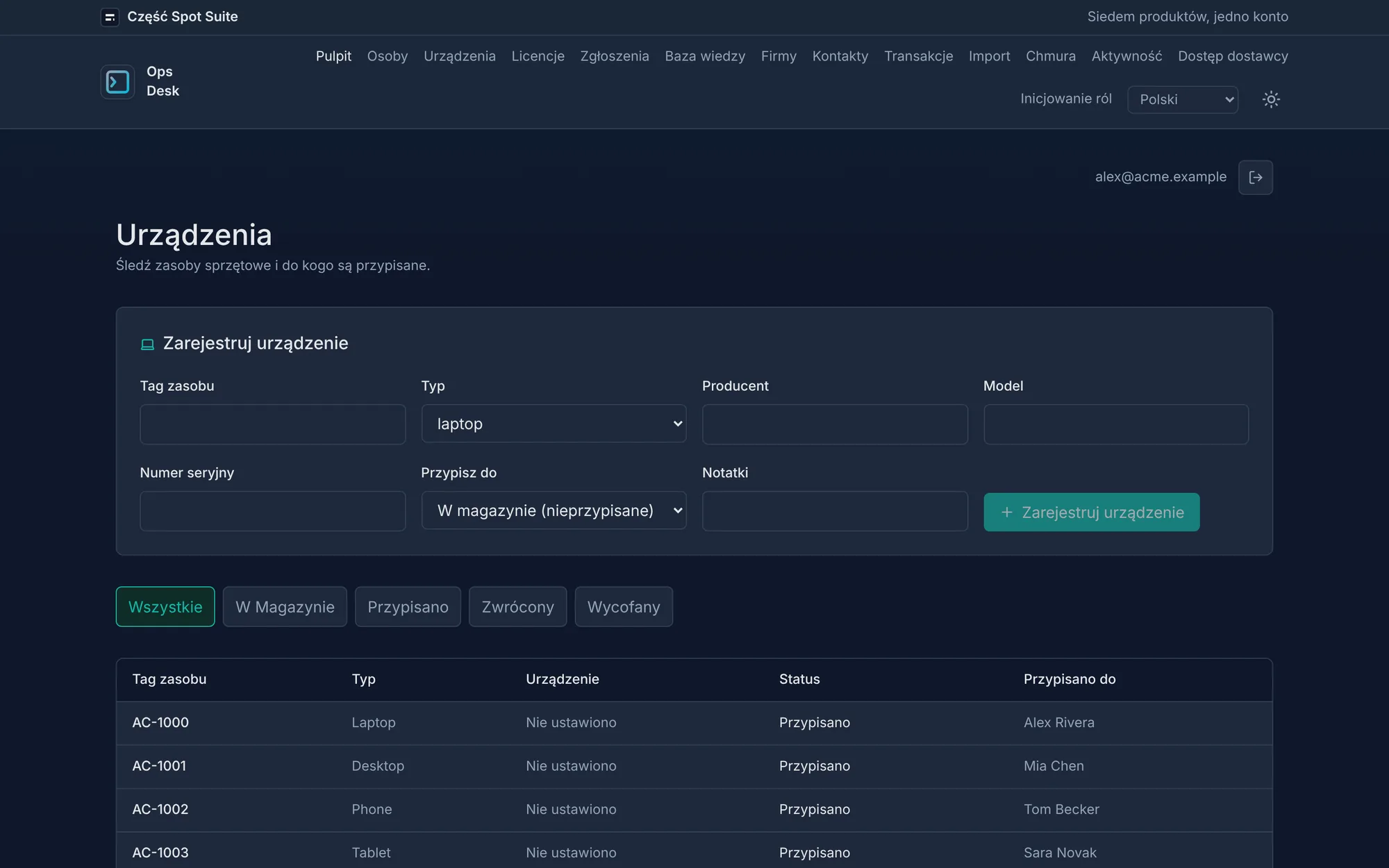 Ekran urządzeń OpsDesk