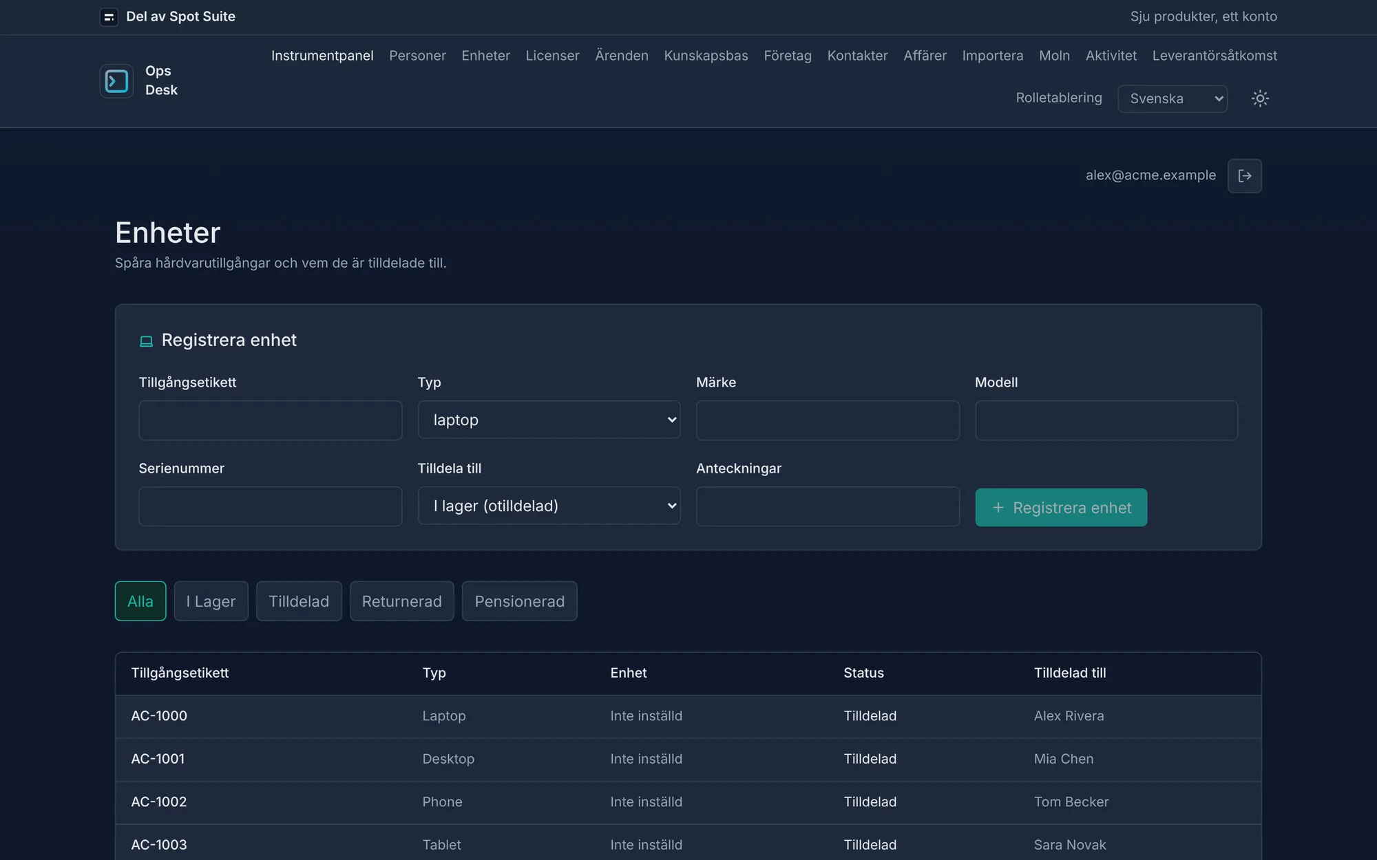 OpsDesk enhetsskärm