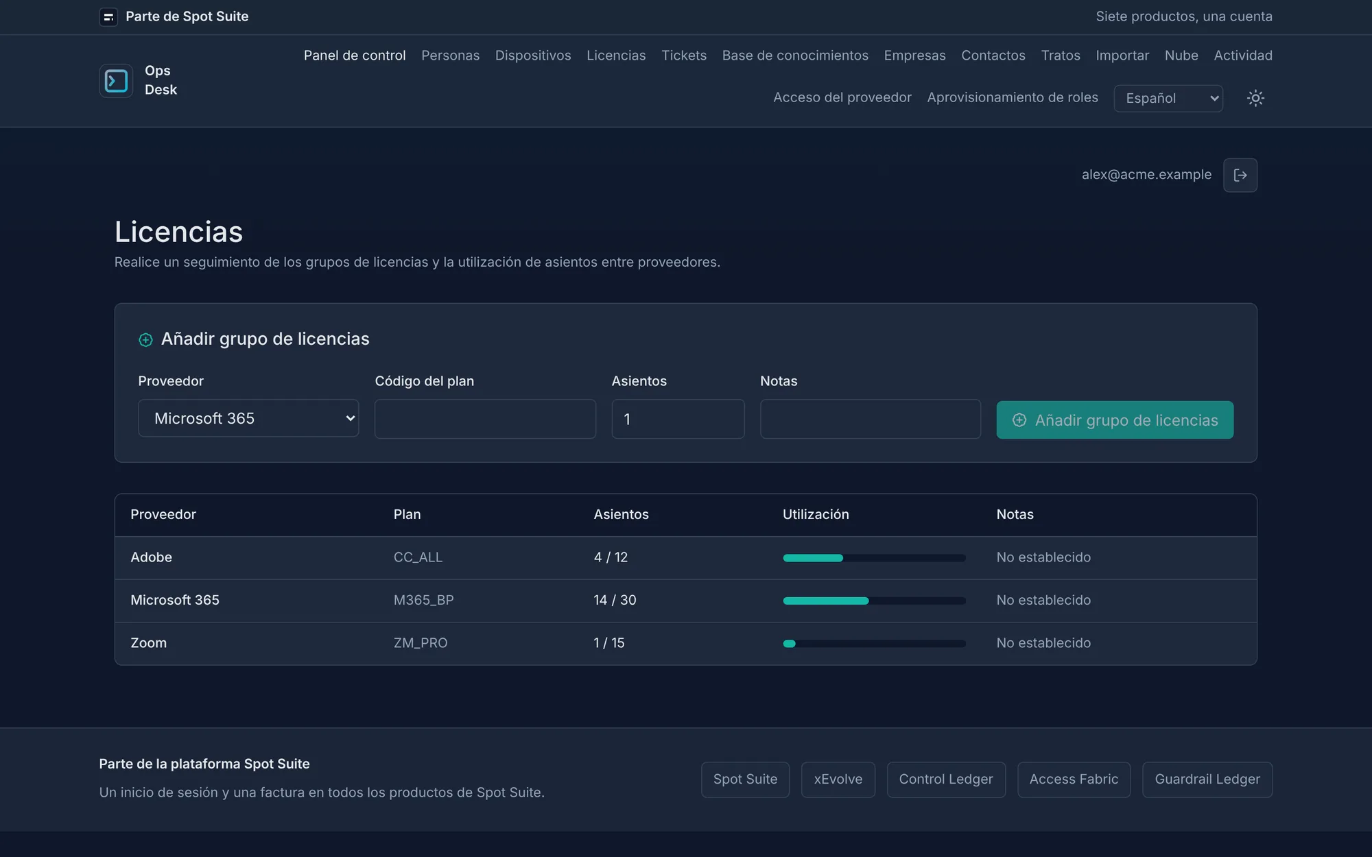 Pantalla de licencias de OpsDesk