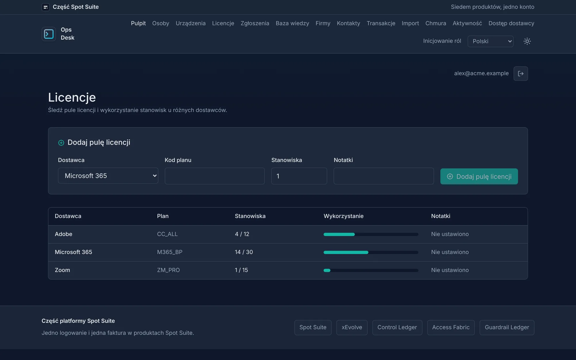 Ekran licencji OpsDesk