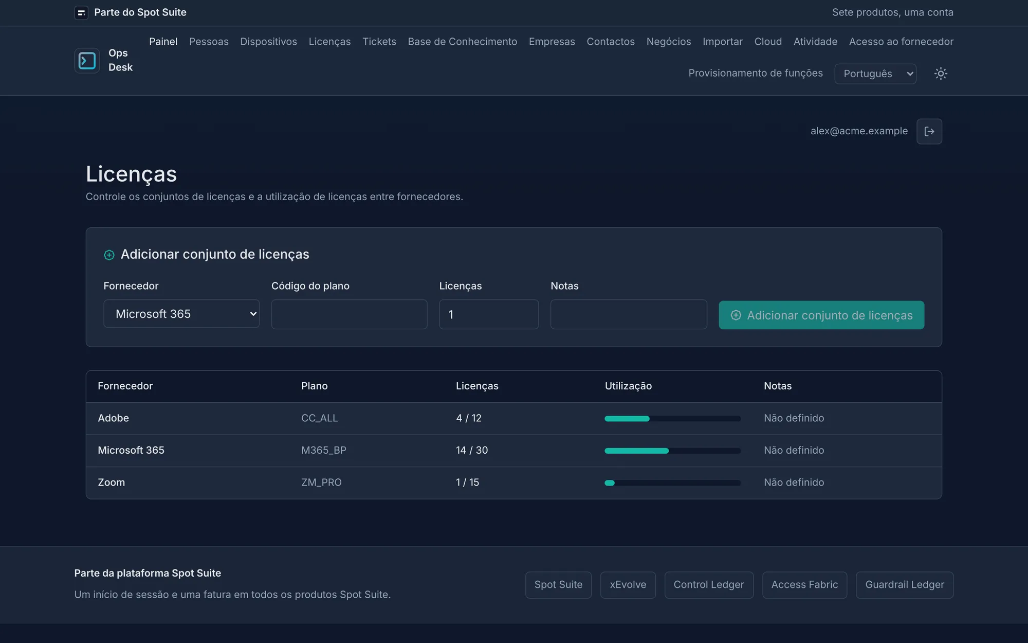 Ecrã de licenças do OpsDesk