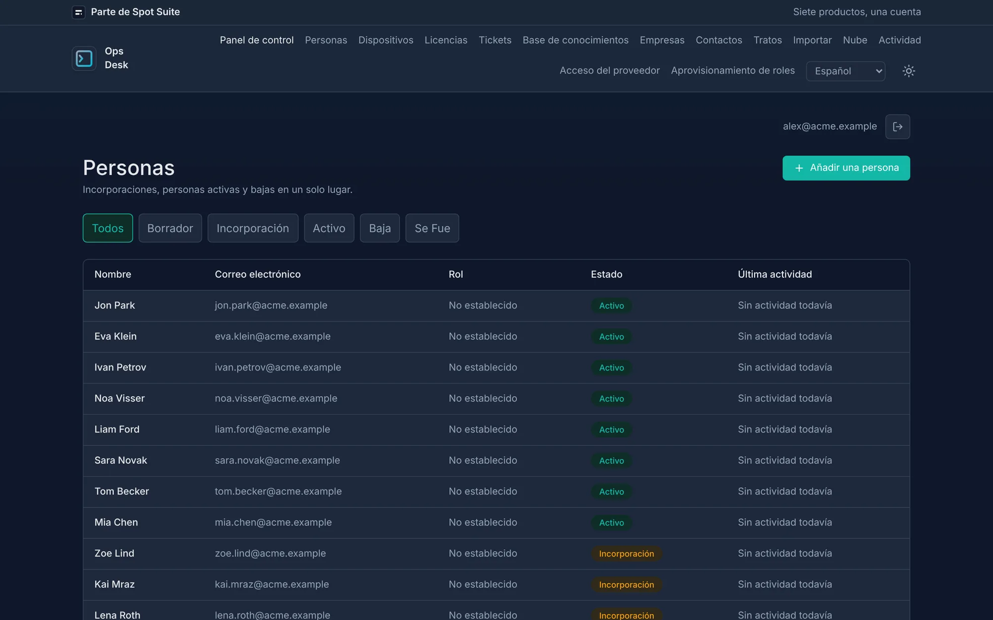 Pantalla de personas de OpsDesk